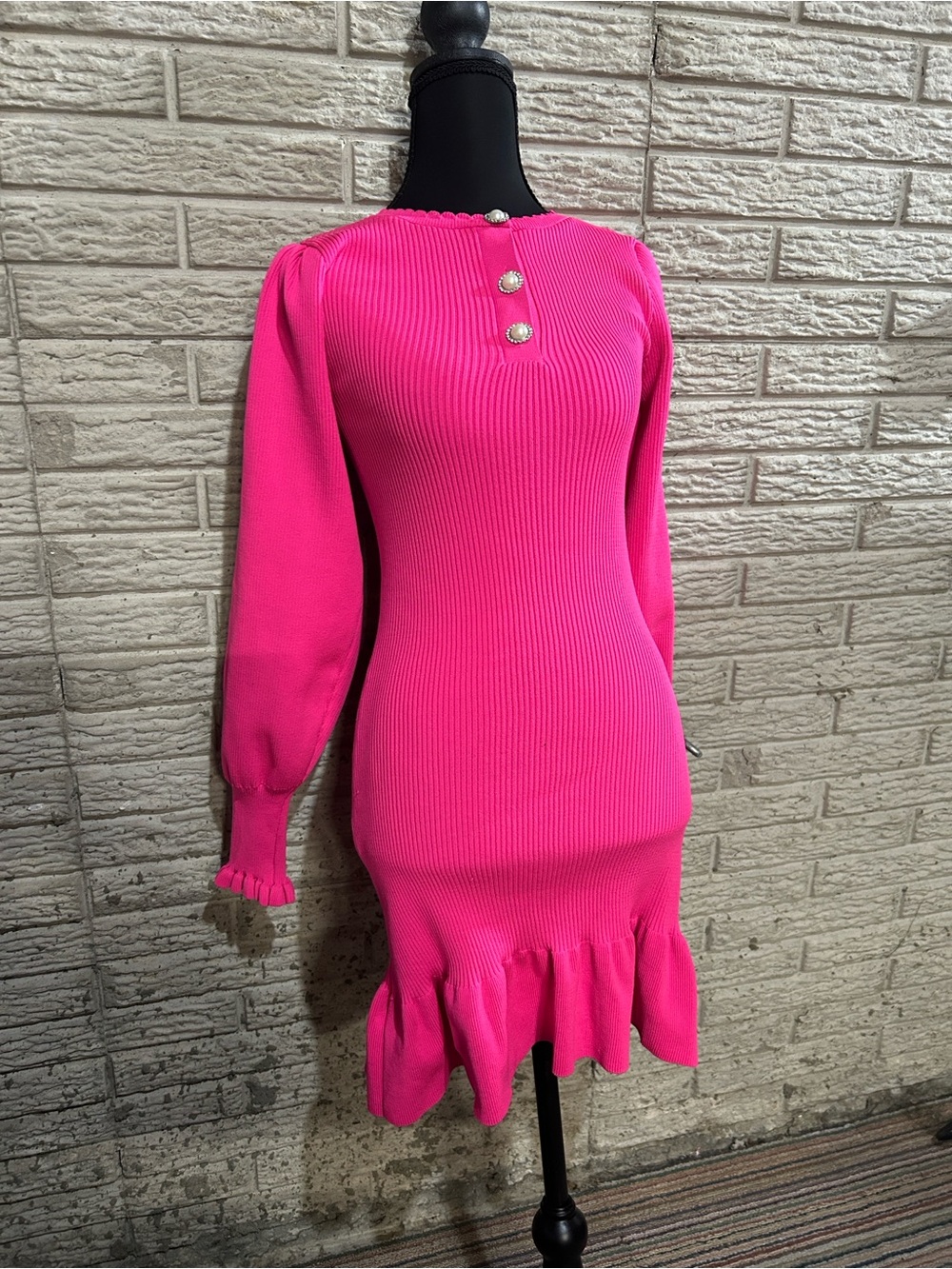 River Island Pink Ribbed Knit Bodycon Midi Dress Pearl Button Puff Sleeve US 4